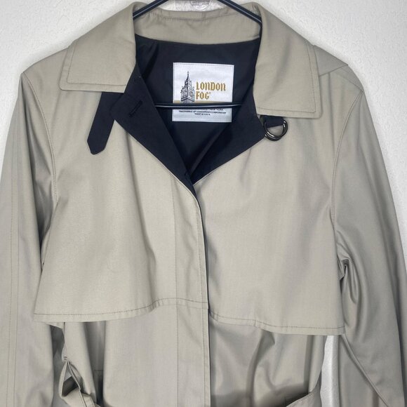London Fog Trench Coat Womens Size 10 R Khaki Black Belted Removeable Hood - Picture 5 of 13